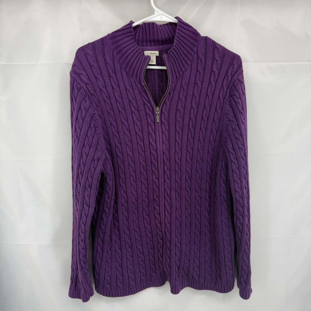 LL Bean Women 2X Cable Knit Full Zip Sweater Purple Long Sleeve Everyday Layer